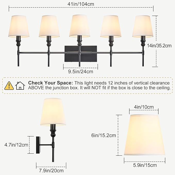 5-Light Vanity Lights for Bathroom,41 in Vintage Black Bathroom Vanity Light Fixtures,with Flared White Fabric Lampshade for Bedroom,Living Room,Foyer,Hardwired,E12 Base