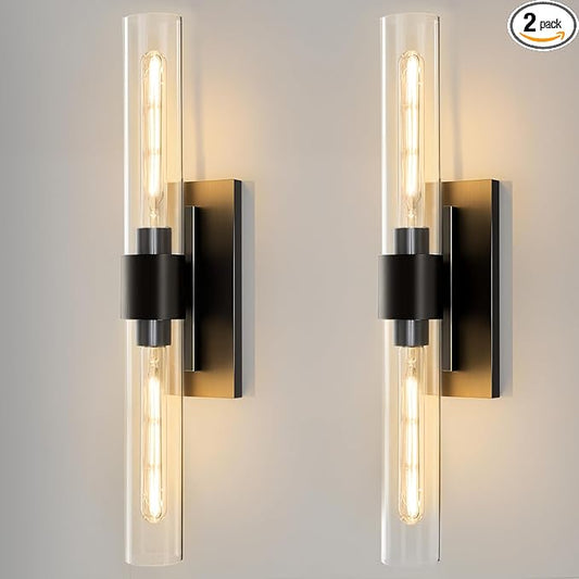 Black Brass Bathroom Wall Sconce - Set of 2 Modern Linear Light Sconces - Clear Glass Tube Vanity Lights - Vertical or Horizontal Mounted Dimmable Lighting Fixtures for Indoor Living Room Hallway