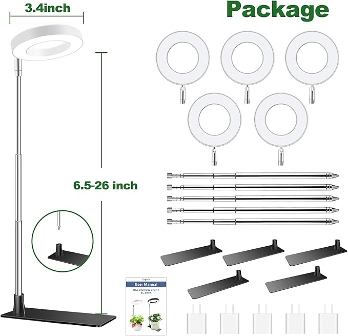 Aokrean Grow Lights for Indoor Plants, Full Spectrum Small Halo Plant Grow Light with Base, 48 LED Growing Lamp 10 Levels Dimmable Auto On Off 3/9/12 Hrs Timer for Small Plants, White, 3.5in, 5 Pack