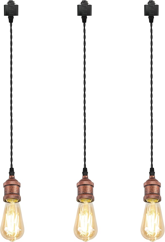 Kiven H-Type Track Lighting Pendants,Industrial h Track Pendant Lights with 59 Inch Cord Length Black Weave Rope,3 Pack Track Lighting Fixture,Vintage Red Finish