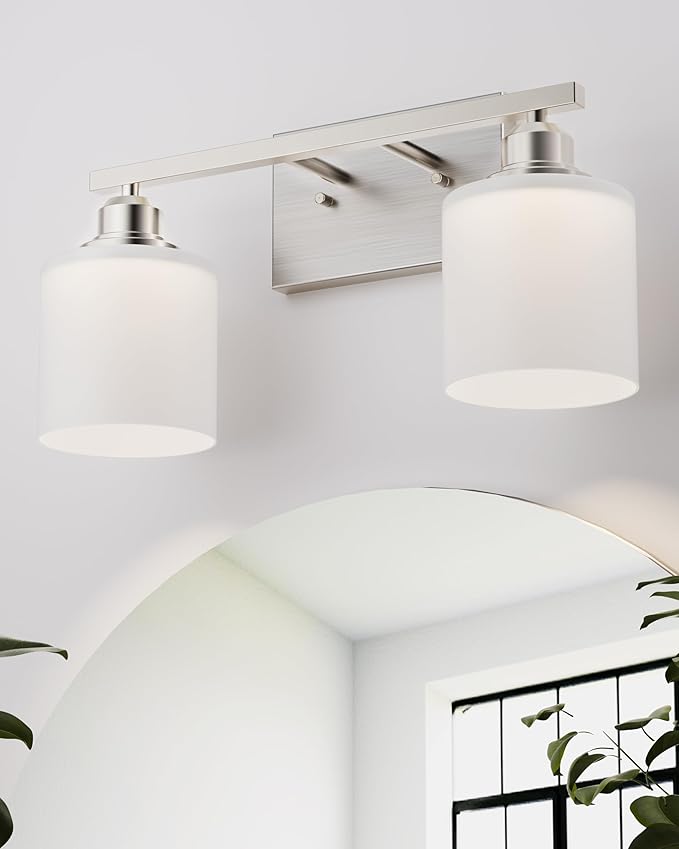 Sailstar Bathroom Light Fixtures 2-Light, Brushed Nickel Vanity Lights Fixtures, Modern Bathroom Vanity Light Over Mirror, Milky White Glass Shade & Anti-Rust Nickel Finished, Small Bathroom Light