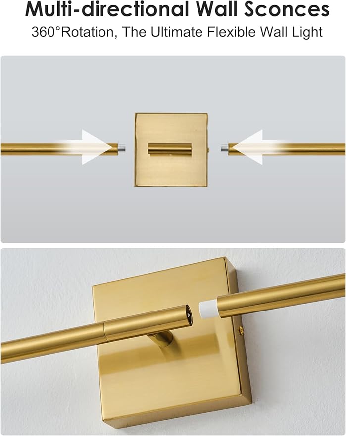 KARTOOSH 24.4 Inch Hardwired Wall Sconces Set of Two, 3000K Warm White Dimmable Modern Wall Sconces, 350° Rotate LED Light Fixtures Wall Lamp for Bathroom Living Room Bedroom Bedside, Brushed Brass