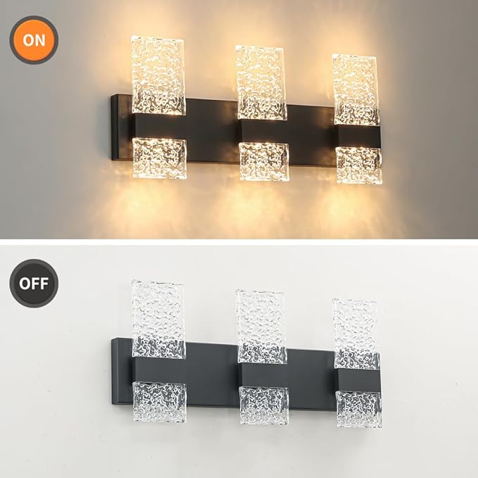Modern Matte Black 6-Lights Bathroom Vanity Light, Eleglant Black LED Bathroom Light Fixtures over Mirror, Dimmable Acrylic Shade Wall Lighting Fixtures, Hardwired Wall Light(H9.25in, L21.26in)