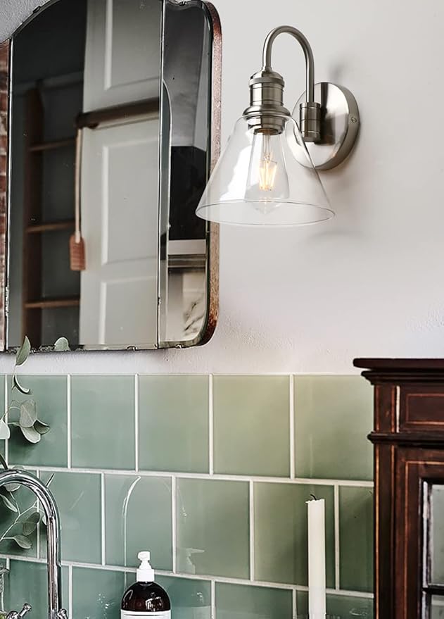 Yosoan 1-Light Brass Modern Vintage Indoor Wall Sconce, Vanity Single Luxury Hardwired Retro Textured Clear Funnel Flared Glass Shade with Industrial Curved Rod Bathroom Lamp(Brushed)