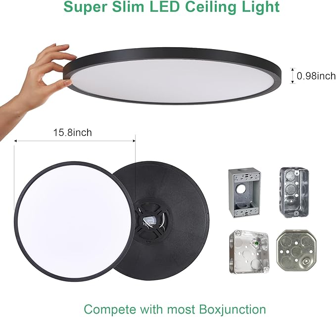 6PK 15.8 Inch LED Flush Mount Ceiling Light Fixture, 32W,3200LM,3000K/4000K/6000K CCT Selectable,0.67 inch Super Slim LED Ceiling Light for Bedroom,Hallway,Kitchen,Black