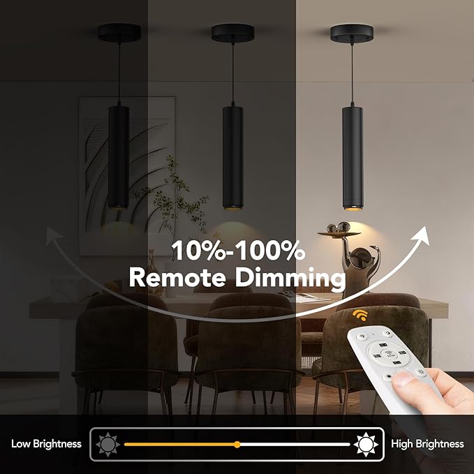Remote Control LED Pendant Lights with Adjustable Cord, Dimmable Hanging Pendant Lighting Fixtures for Kitchen Island Over Table, Zoomable 2700K-6000K, CRI97+ 10W 1000LM, Black (3 Pack)