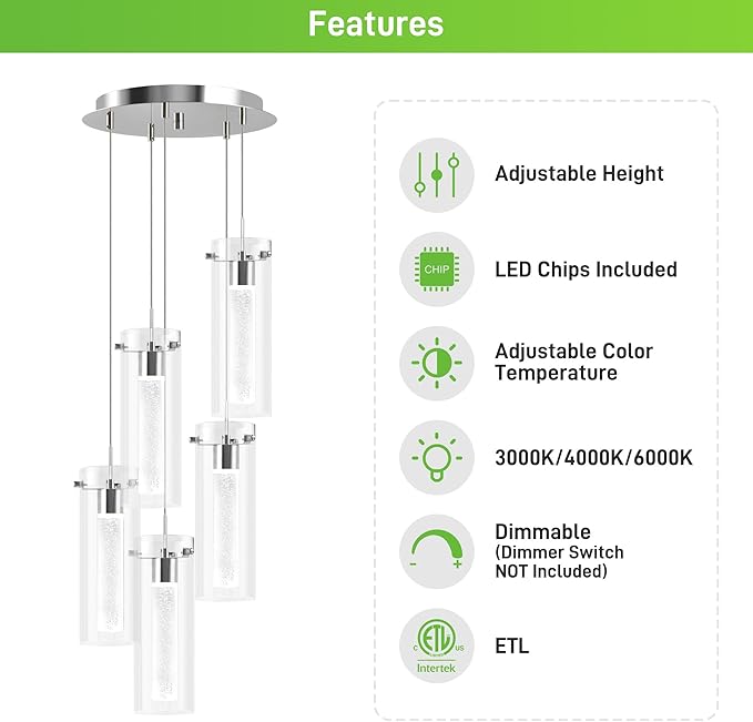 hykolity 5-Light Bubble Glass Pendant Light, 3CCT Dimmable LED Chandelier, Polished Nickel Modern Hanging Ceiling Light for Kitchen Island, Dining Room, Bedroom, ETL Listed