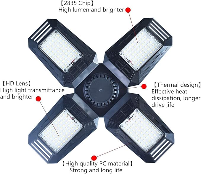 Deformable LED Garage Lights - 12000 Lumen 6500K Daylight 120W, Four Leaf Garage Organization Ceiling Lighting, Pack of 2