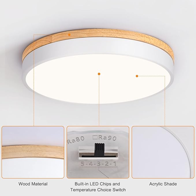Yiisem Dimmable Wood LED Flush Mount Ceiling Light, 5CCT 2700K-6000K Modern Round Close to Ceiling Lighting Fixtures, Minimalist White Ceiling Lamp for Living Room, Bedroom, Laundry Room