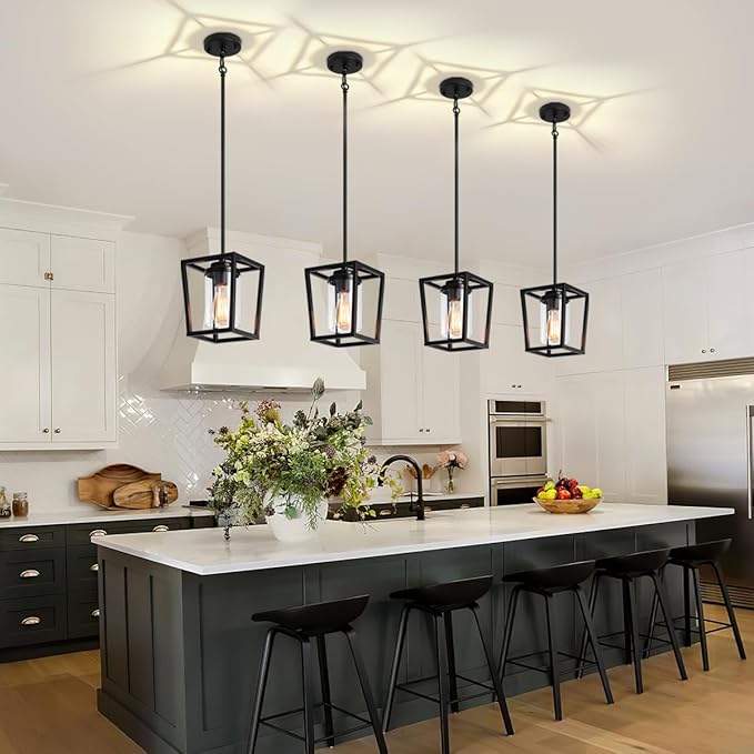 2 Pack Black Pendant Lights Kitchen Island, Modern Glass Kitchen Pendant Lighting Over Island Farmhouse Kitchen Hanging Light Fixtures for Dining Room Bathroom Hallway Foyer Lighting