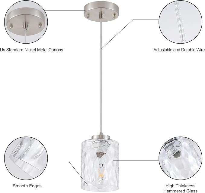MWZ Brushed Nickel Pendant Lights Kitchen Island 3 Pack, Modern Hanging Kitchen Pendant Lighting Over Sink with Hammered Glass Shade,Small Chandeliers Fixtures Adjustable Cord Hanging Lighting