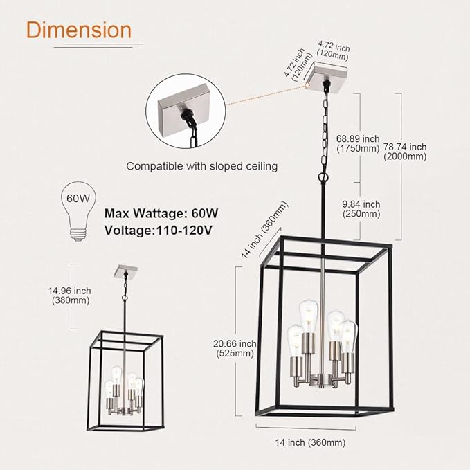 VINLUZ 4-Light Lantern Chandelier Light Fixture Black and Brushed Nickel Finish Industrial Farmhouse Pendant Lighting Square Cage Kitchen Island Hanging Ceiling Light for Dining Room