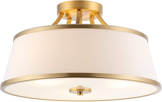 Kira Home Zoey 18" Modern 3-Light Semi-Flush Mount Ceiling Light Fixture + White Fabric Shade, Warm Brass Finish