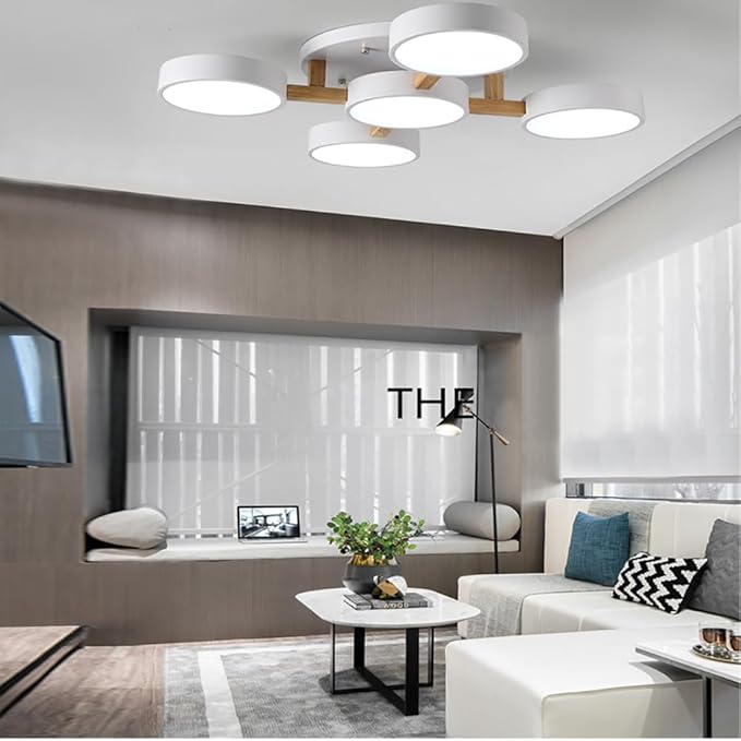 LED Ceiling Light Fixture,32 Inch 5-Lights Modern Ceiling Lights Flush Mount Wooden 55W Chandelier for Living Room Bedroom Kitchen,Dimmable 3000K/4000K/6000K Temperatures Selectable, White