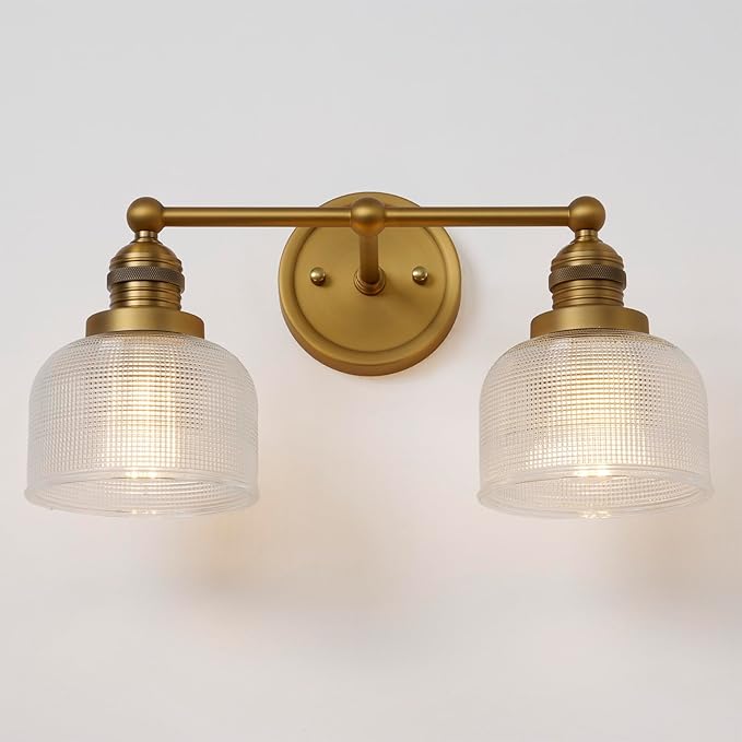 Double Vintage Gold Wall Sconces Antique Brass Bathroom Vanity Light with Clear Corrugated Glass Shade Indoor Hardwire Wall Sconce Lamp Lights for Bathroom Living Room Bedroom Kitchen