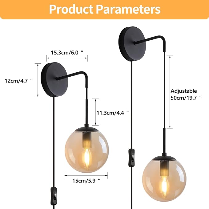 Wall Sconces Set of Two Matte Black 🔥🔥🔥 Wall Lights for Bedroom Plug in Wall Sconces Set of 2 with Globe Amber Glass Shade Indoor Wall Lamp with Plug in Cord Sconces Wall Decor Set of 2 with Switch