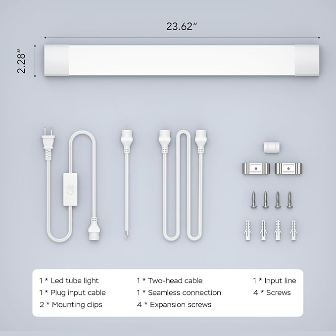 LED Shop Light Fixture, 2FT Linkable 18W Plug in Wall Light, 5000K Closet Light for Workbench Kitchen Basement, Under Cabinet Lighting, LED Tube Light Fixture with Plug, Triproof, White