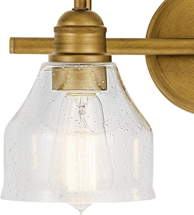 Kichler Avery 15" 2-Light Bathroom Vanity Light Fixture with Clear Seeded Glass in Natural Brass for Industrial Farmhouse Bathroom Over Mirror (8.25" x 15" x 9.5") 45972NBR