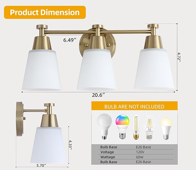 3-Light Bathroom Vanity Light, Gold Finish with Milk Glass Shades, Over Mirror, for Bathroom Vanity