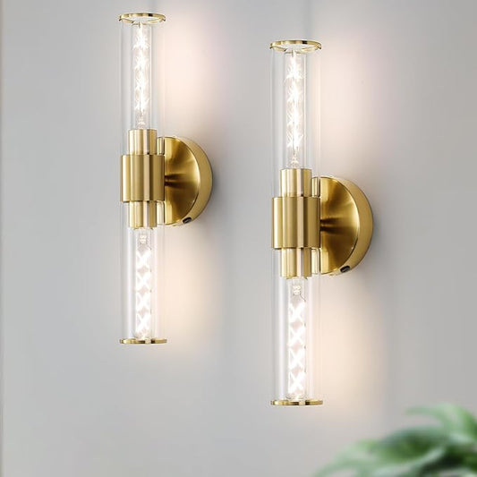 18" Wall Sconces Set of Two Hardwired Glass Gold Vanity Lights for Bathroom LED Wall Lights for Living Room Hallway (2 Pack)