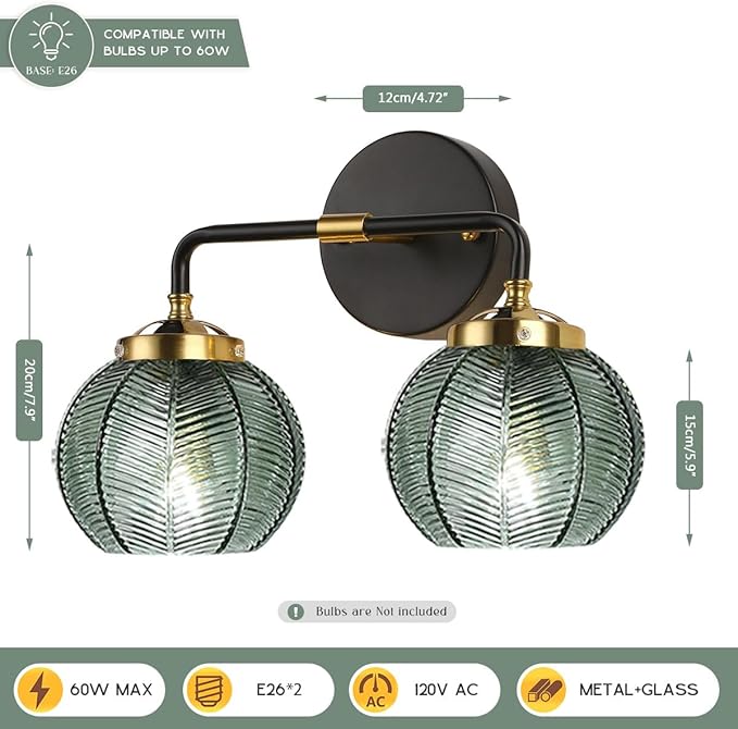 Glass Wall Sconce 2 Light Bathroom Vanity Light Green Globe Wall Lamp with Ribbed Glass Shade Mid Century Modern Wall Sconces Black Gold Vanity Light for Over Mirror Bedroom Hallway
