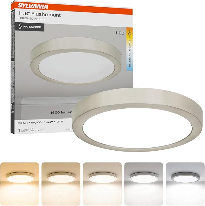 Sylvania 12" LED Flush Mount Ceiling Light Fixture, 24W, 5 Color Select (2700K - 5000K), 1600 LMS, Hardwired, Brushed Nickel, LED Lights for Bedroom Kitchen Hallway Porch - 1 Pack (66463)