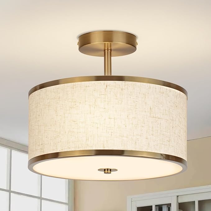 12.6 Inch Semi Flush Mount Ceiling Light, 3-Light Drum Lamp with Gold Brass Finish and Beige Shade, Ideal for Bedroom, Kitchen, Dining Room, Hallway, Entryway, and Foyer,