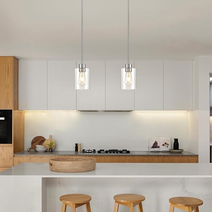Modern Farmhouse Brushed Nickel Pendant Lights, Mini Hanging Light Fixture with Clear Glass Shade, Adjustable Rods for Kitchen Island, Sink, Bar (2 Pack)