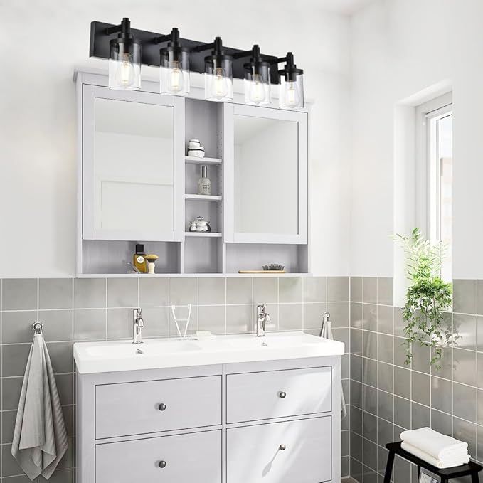 Black Modern Vanity Light for Bathroom,5-Light Bathroom Lighting Fixtures Over Mirror with Clear Glass Shade Wall Mount Light Fixture, E26 Metal Wall Lights for Hallway Kitchen Living Room