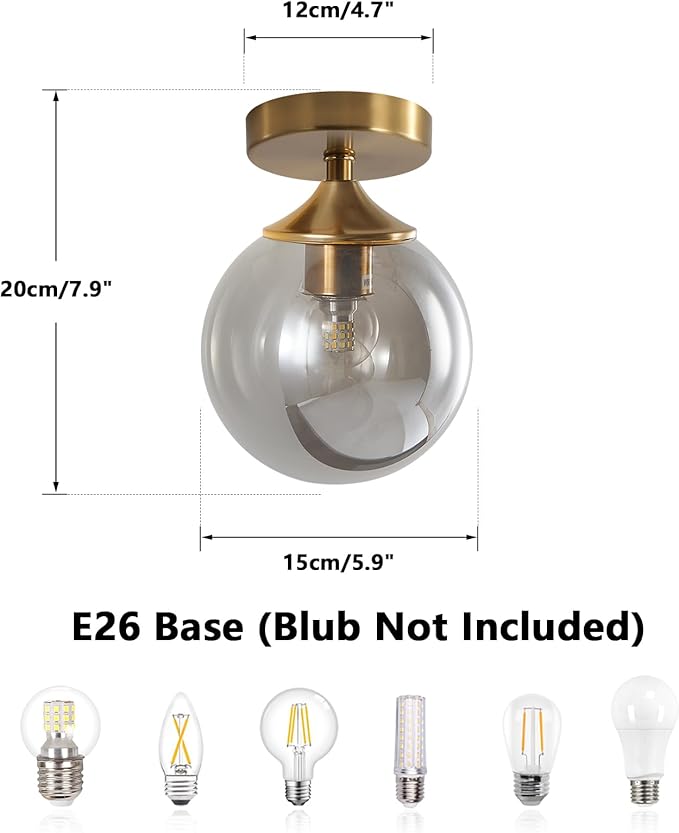 KCO Lighting Mid Century Modern Semi Flush Mount Ceiling Light Fixture Small Smoked Glass Globe Flush Mount Ceiling Light Brushed Gold Ceiling Lighting Fixture for Hallway Entryway Bedroom