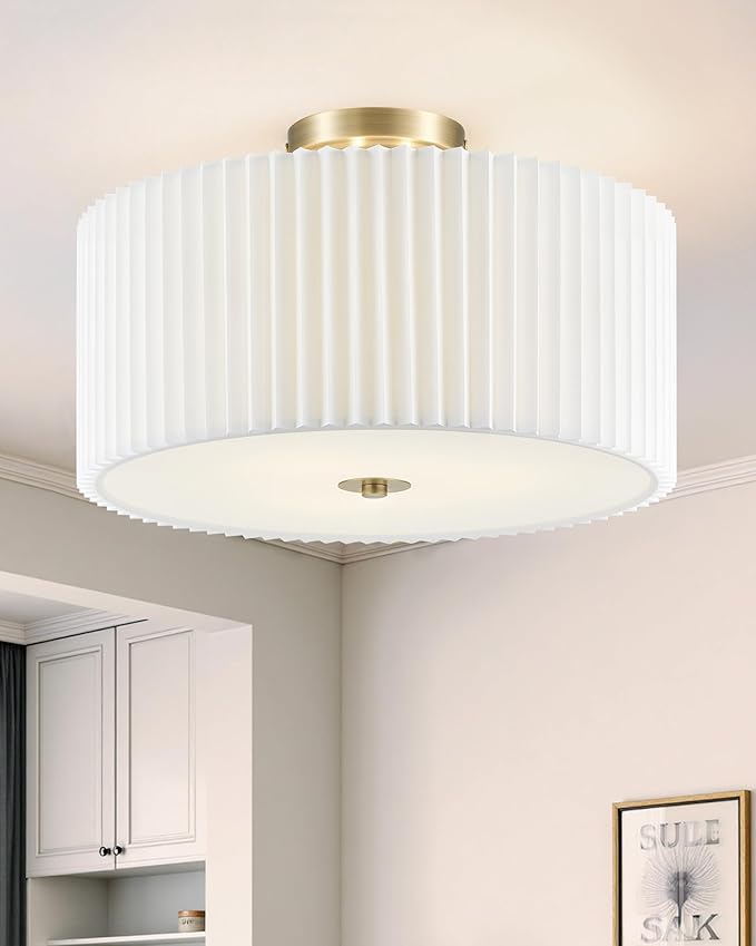 VONLUCE Semi-Flush Mount Ceiling Light, 15.7" Modern 3-Light Ceiling Light Fixture with White Pleated Drum Shade 3 E26 Sockets for Bedroom Entryway Living Room, Bronze Finish, ETL Certificated