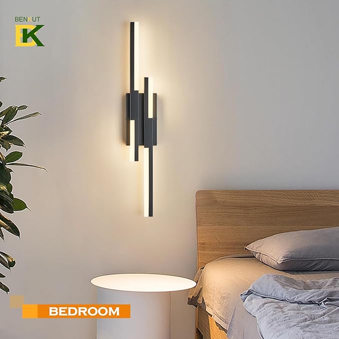 Benkut Modern LED Wall Sconce Black Remote Wall Light Fixtures for Bathroom, Dimmable Vanity Light Indoor LED Remote Wall Sconce for Bedside Bedroom Living Dining Room (27.6inch 3000-6500K 1 Pack)