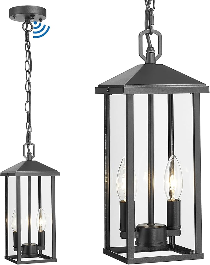 Outdoor Pendant Light for Porch Chandelier Outdoor Pendant Lights 2-Light with Clear Glass, Dusk to Dawn Modern Hanging Porch Lights Exterior Hanging Light Fixture for Patio Gazebo