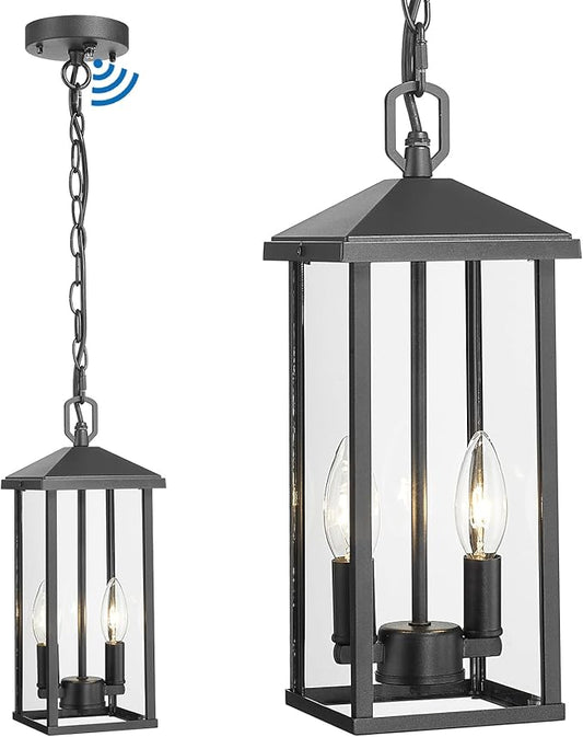 Outdoor Pendant Light for Porch Chandelier Outdoor Pendant Lights 2-Light with Clear Glass, Dusk to Dawn Modern Hanging Porch Lights Exterior Hanging Light Fixture for Patio Gazebo