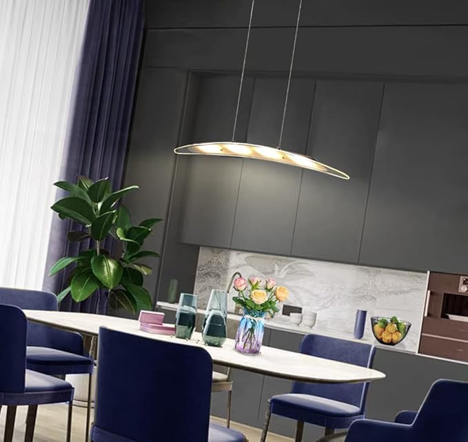 YIFONTIN LED Pendant Light Chandelier Streamlined Cambered Glass Hanging Lamp 31.5“ 18W Warm Colored Height Adjustable for Kitchen Island Dining Study Room Restaurant Housewarming, Satin Nickel.
