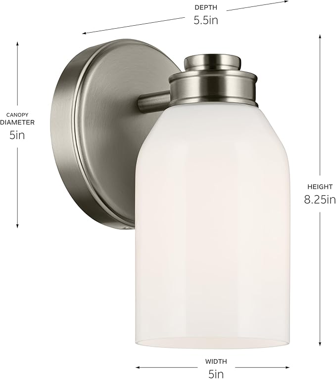 Kichler Shae 1-Light Wall Sconce with White Opal Glass in Brushed Nickel, Modern Vanity Light Fixture for Bathroom Mirror, Hallway, or Fireplace (8.25" H x 5" W), 55200NI