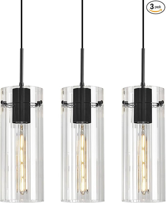 Glass Black Pendant Light, 3 Pack Modern Kitchen Island Pendant Lighting with Ribbed Glass, Adjustable Cord Minimalist Pendant Light for Over Island, Dining Room, Bathroom Bedroom