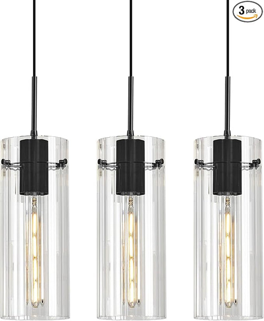 Glass Black Pendant Light, 3 Pack Modern Kitchen Island Pendant Lighting with Ribbed Glass, Adjustable Cord Minimalist Pendant Light for Over Island, Dining Room, Bathroom Bedroom