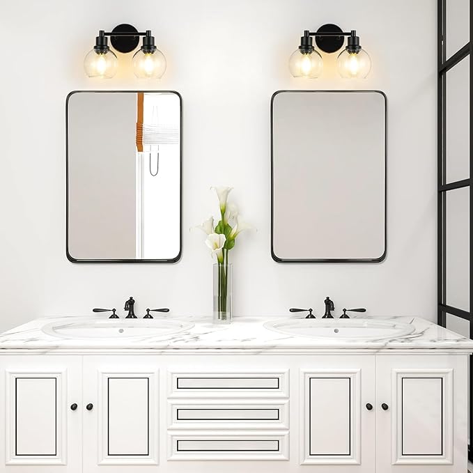 Bathroom Vanity Light 2 Light, Black Bathroom Light Fixtures with Clear Globe Glass Shade, Matted Black Wall Sconce Over Mirror for Kitchen, Living Room