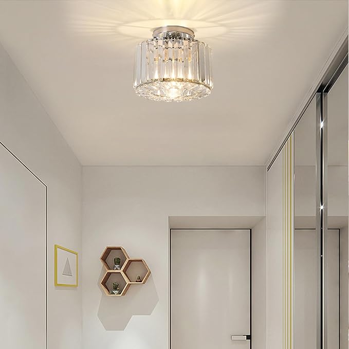Crystal Ceiling Light, Chrome Ceiling Lamp, Semi Flush Mount Ceiling Light, Small Hallway Lamp, Entryway Crystal Chandelier for Dining Room,Bedroom,Kitchen