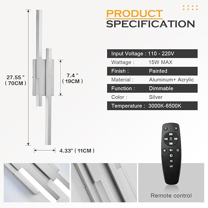 Benkut Modern LED Wall Sconce Silver Remote Wall Light Fixtures for Bathroom, Dimmable Vanity Light Indoor LED Remote Wall Sconce for Bedside Bedroom Living Dining Room (27.6inch 3000-6500K 1 Pack)