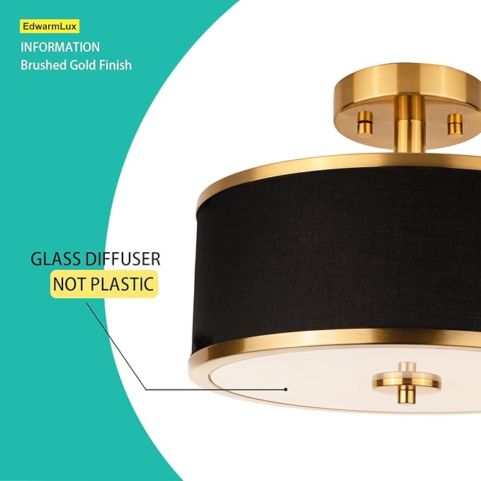 3-Light Semi Flush Mount Ceiling Light Fixture, 12.6" Gold Drum Light with Black Fabric Shade, Modern Close to Ceiling Light for Living Room Bedroom Dining Room Kitchen Hallway Entry Foyer