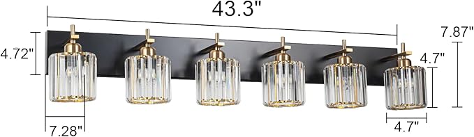 6-Light Crystal Bathroom Vanity Light, Modern Black Gold Bathroom Light Fixtures Over Mirror Crystal Wall Lighting with Polished Gold Finish