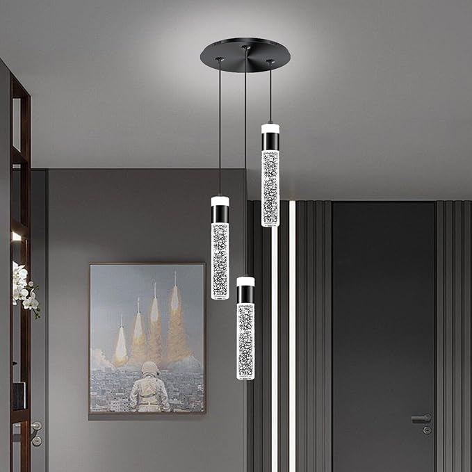3-Light Pendant Lights Kitchen Island Black Crystal Column Chandelier Modern Dimmable LED Pendant Light for Dinning Room Living Room