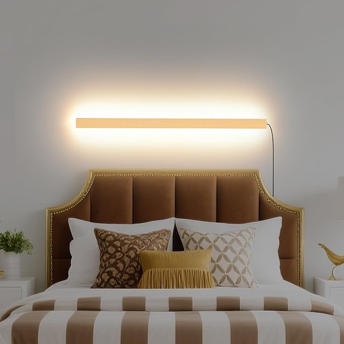 KELUOLY Modern Plug in Wall Lights, 31.4 inch Frosted Gold LED Long Wall Sconce, 16W Warm White 3000K Acrylic Indoor Wall lamp,with 59" Plug Cable for Bedroom, Living Room, Hallway