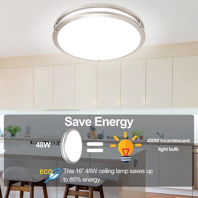 OOWOLF 16inch 48W LED Flush Mount Ceiling Light Fixture Dimmable, 5CCT Super Bright Brushed Nickel Ceiling Light 4800LM Warm/White 480W Equivalent, 3000K/ 3500K/ 4000K/ 5000K/ 6000K Ceiling Lamp