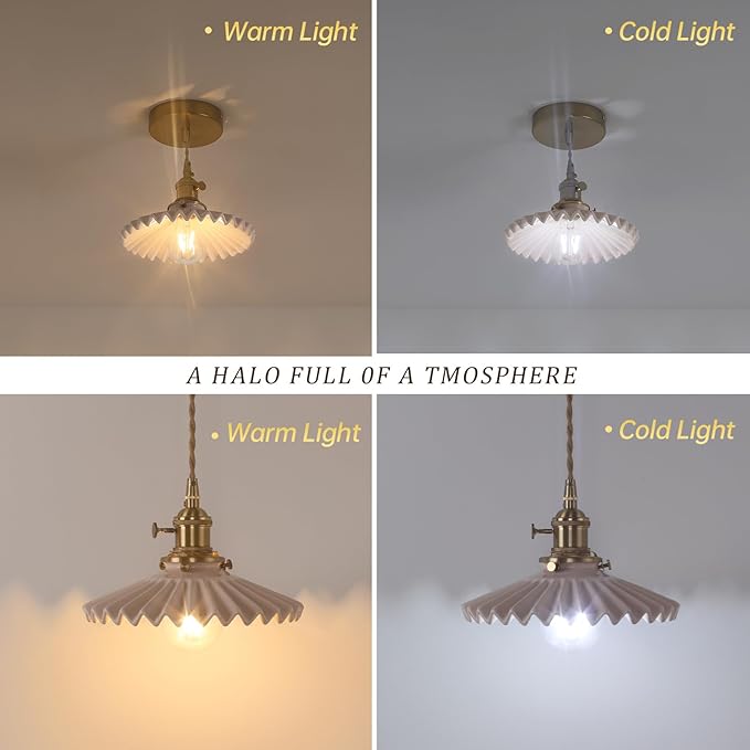 Shenmoyl Pendant Light 2 Pack with Pink Pleated Ceramic Lmapshade, Brass Vintage Pendant Light Adjustable Hanging Light for Kitchen Island Dining Room Hallway