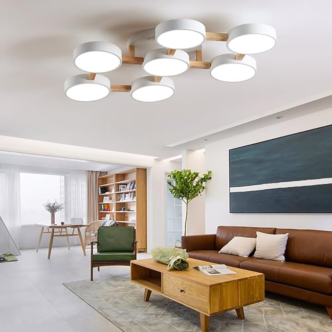 LED Ceiling Light Fixture,40 Inch 7-Lights Modern Ceiling Lights Flush Mount Wooden 84W Chandelier for Living Room Bedroom Kitchen,Dimmable 3000K/4000K/6000K Temperatures Selectable, White