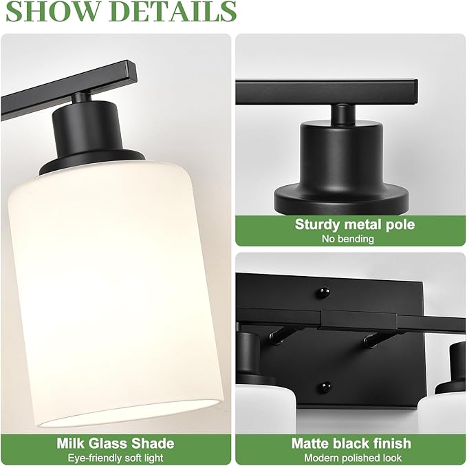 MOKATNG 4-Light Bathroom Light Fixtures, Vanity Light with Milky White Shades, Matte Black Bathroom Light Fixtures Over Mirror, Modern Bathroom Wall Lamp for Mirror Living Room Cabinet Bedroom