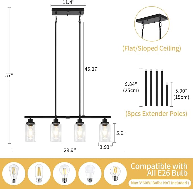 Modern Island Lights for Kitchen Black Dining Room Light Fixtures Over Table 4-Light Farmhouse Linear Chandelier Adjustable Hanging Kitchen Lights Ceiling Clear Glass Pendant Lighting Over Island